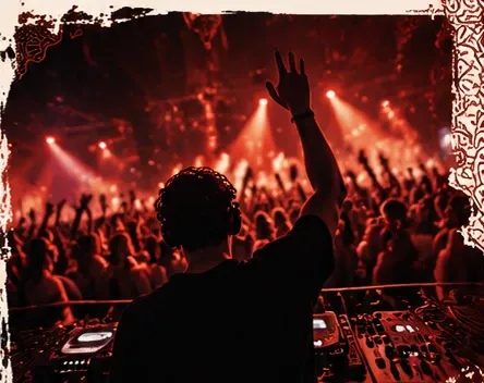 DJ kabininden görülen kırmızı ışıklı eğlenen kalabalık